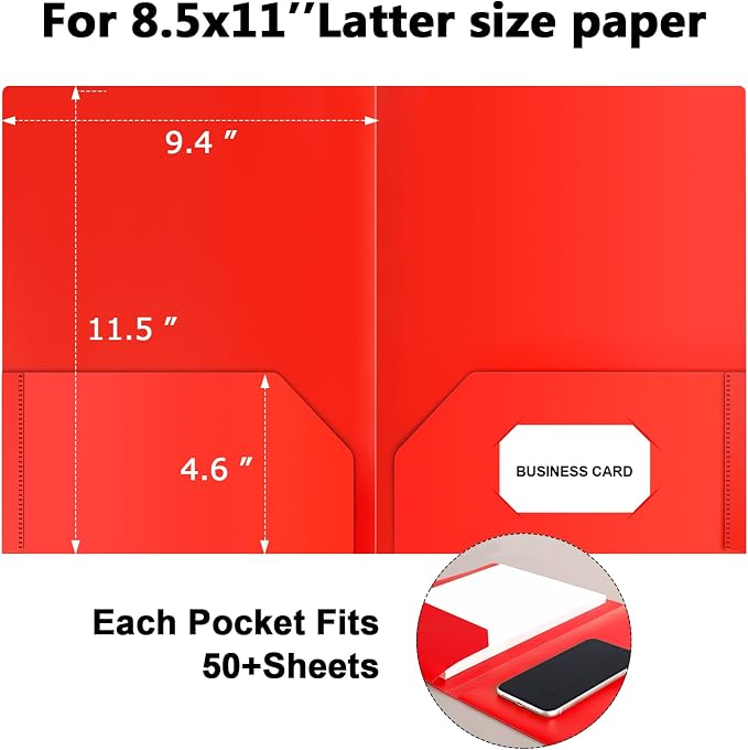 Plastic Folders with Pockets, 6 Color Heavy Duty Two Pocket Folder Business Card Holder for Office High School