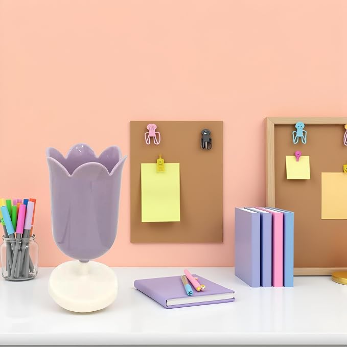 Purple Pen Holder for Desk, Plastic Tulip Pen Holder Girl Small Makeup Box Cute Stationery Organizer Pencil Stand Case Pencil Cups Desktop Decoration Pencil Holders Desk Supplies Holders