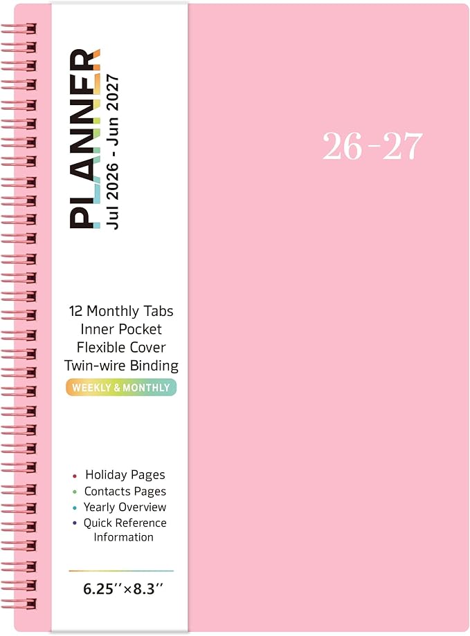 Planner 2026-2027- 2026-2027 planner weekly and monthly, Jul. 2026 - Jun. 2027, 6.25" x 8.3", Flexible Cover, A5 Thick Paper, Twin-Wire Binding - Pink