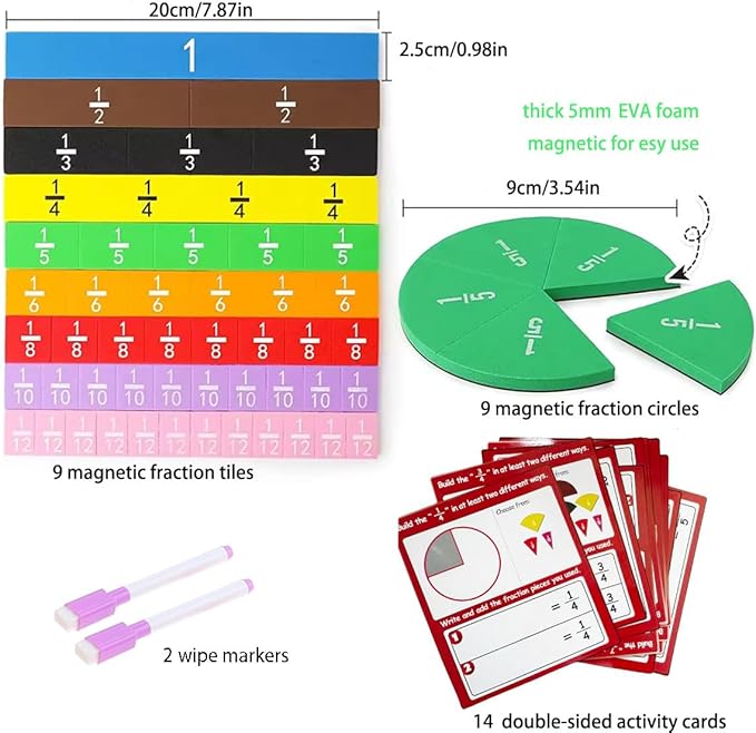 Magnetic Math Fraction Manipulatives, Magnet Fraction Circles Tiles Plus 14 Activity Card, Fractions Puzzle Learn & Compare, Tool Math Teachingroom Manipul Homeschool Elementary Supplies