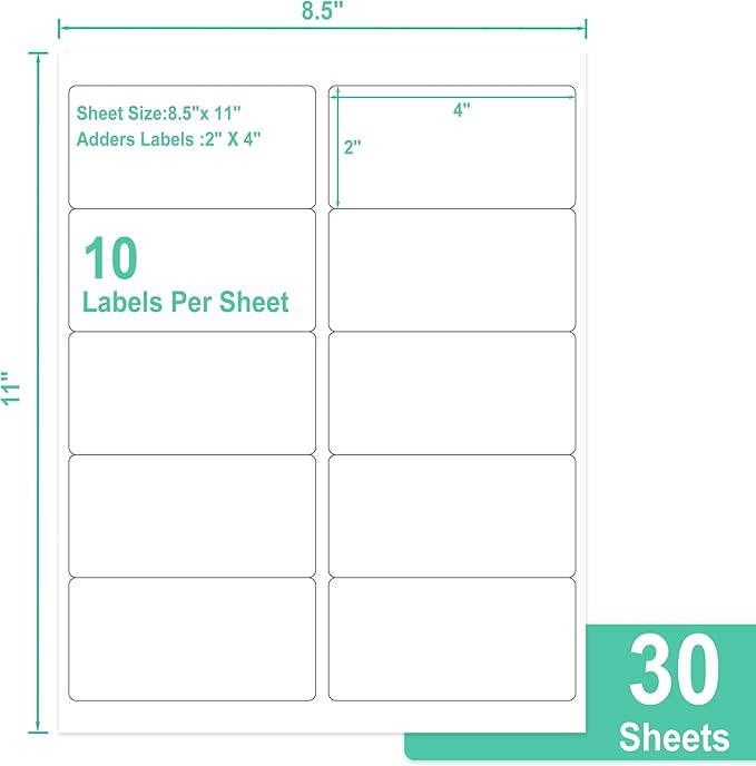 L LIKED 2" x 4" Label Stickers, Printable White 10 per Sheets Total 300 Labels, for Laser/Inkjet Printing - Matte (300 Labels)