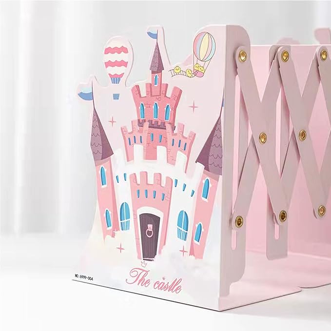 Adjustable Metal Bookends Heavy Duty for Shelves, 2 Dividers, Anti-Slip Design, Castle Style Expandable Bookends for Kids, Girls, Desk, Office, Home(19 inches Max)
