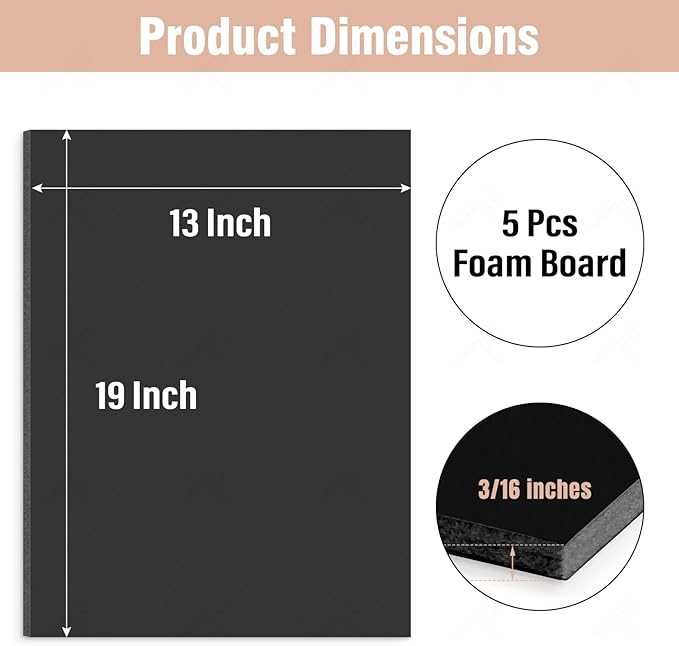 Golden State Art, Acid Free 5 Pack 13x19 Black Foam Boards Foam Core Poster Board, 3/16'' Thick Polystyrene Foam Sheet for Projects, Mounting, Crafts, Art and Presentations