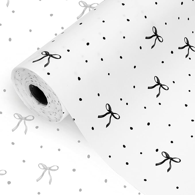 FYSUIMU Bulletin Board Paper - Mini Roll - 17 in x 32.8 Ft White Black Bow Dot Backdrop Decor for Home Office Classroom Party DIY Crafts Supplies