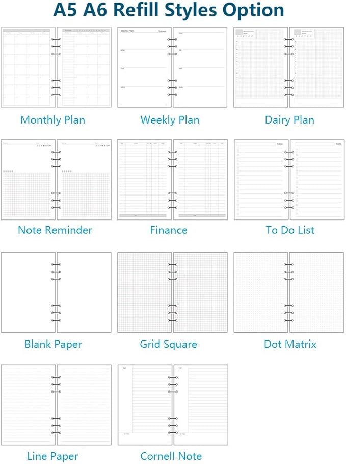 A5 Spiral Binder Inserts Refillable Notebook Planner Refills 6 Ring Binder Refill, 11 Packs of 11 Designds for Filofax Agenda Harphia (A5 5.59 x 8.27'',Full Set 11 pcs)
