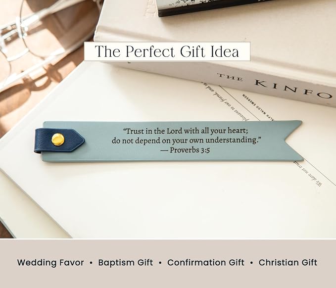 Engraved Leather Bookmark in Blue - Proberbs 3:5 Proverbs Scripture Bookmark, Religious Gift for Bible Study, Baptism, First Communion