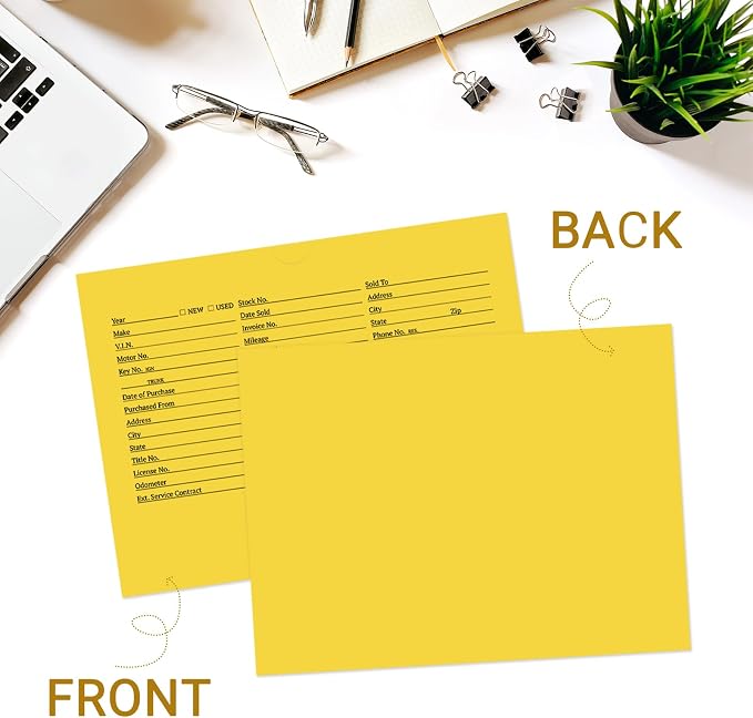 100 Pack Vehicle Deal Jackets for Dealerships, 9X12 Inch Printed Vehicle Deal Envelopes, Car Sales Deal Folders, Dealer Record Envelopes (Yellow)