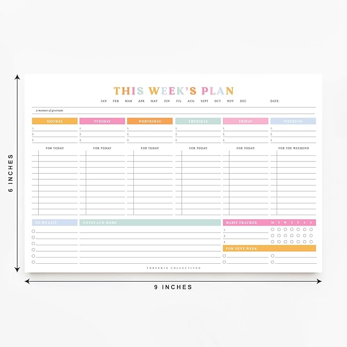 ThreeKin Weekly Planner - Premium 52-Sheet Tear-Off Notepad, 6 x 9 inches, Clean Colorful Design, Perfect for Work, School, Projects, and Entrepreneurs, Female & USA Owned Business