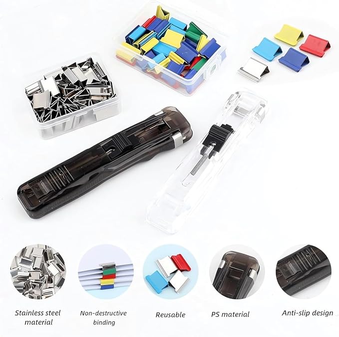 Portable Binder Clip Stapler - Includes 50 Reusable Clips, 2026 New Mini Push Stapler Clamp Staplers, Desktop Push Stapler Binder Clips for Home School Offic (White)