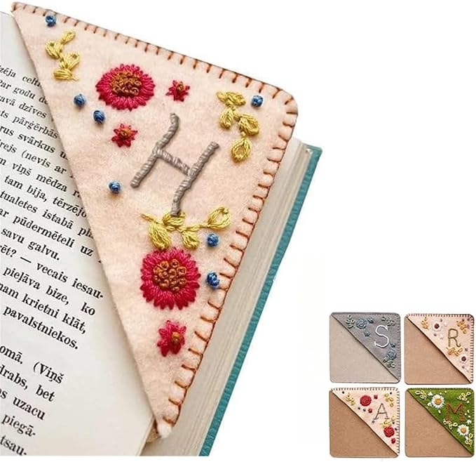 Personalized Hand Embroidered Corner Bookmark, 26 Letters Cute Flower Embroidered Corner Bookmark Embroidery Book Marker Clip for Book Lovers Bookmarks for Reading Lovers Meaningful GIF (Fall, H)