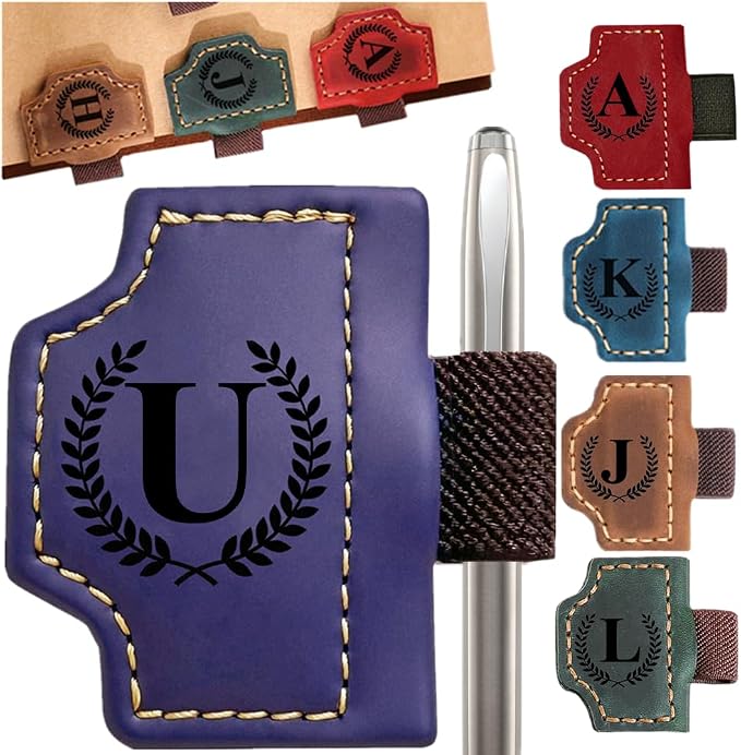 Custom Bookmark with Pen Holder with 26 Letters Personalized Magnetic Leather Book Mark, Customized Name Book Marker Clip with Initial for Men Women, Gifts for Book Lovers, Readers, (Purple, U)