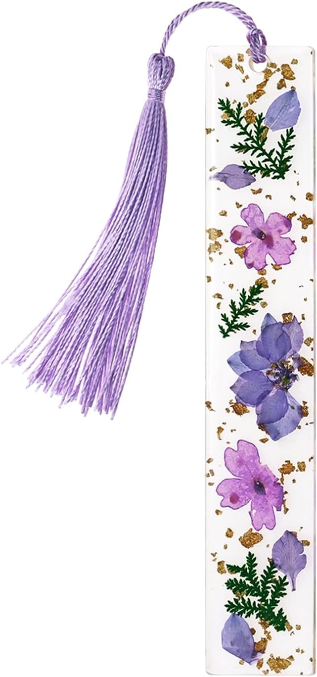 Penta Angel Dried Flower Resin Bookmarks Handmade Clear Pressed Floral Page Markers with Silky Tassel Reading Gift for Women Adults Graduation Valentine’s Day Christmas (Purple)