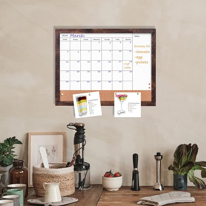 Monthly Calendar Dry Erase White Board & Cork Bulletin Board，13" x 17" Brown Wood Frame，Magnetic Surface Whiteboard.Perfect for Organizing Your Space.Whiteboard+Cork-3343B-BN