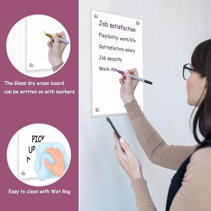 TORASO Glass Dry Erase Board for Wall, Glass Dry Erase Board WhiteBoard, 13.6" x 8.3" A4 Size, Hang Papers for Home, Office, School (BB-WH-A4)