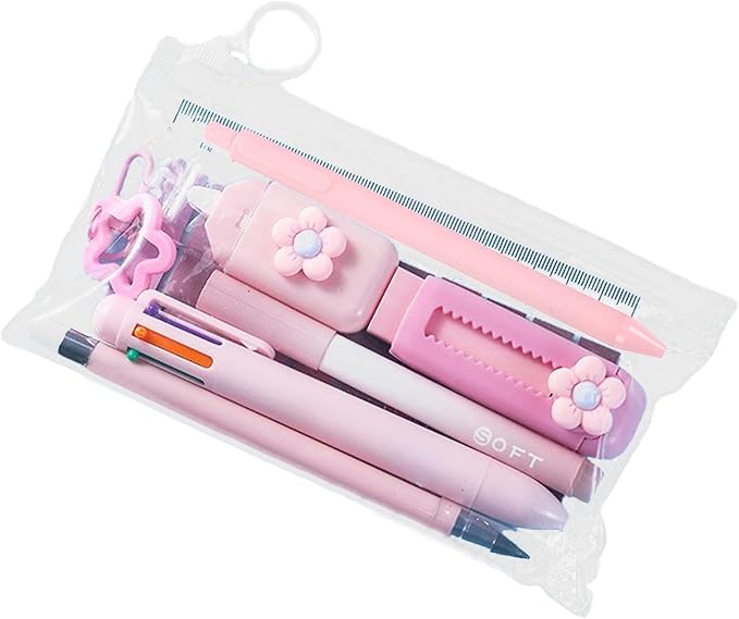 MOZXIRZ 8 Pcs Cute Pink Stationery Set for Women Office Supplies Back to School Supplies Kawaii Stationery Gift Including Pen Pencil Eraser Highlighter (Pink)