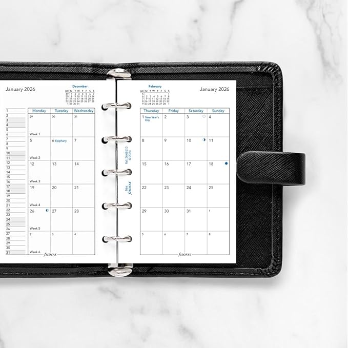 Filofax Calendar Diary Refill, Mini Size, Month-to-View, White Paper, English, 2026 (C68110-26)