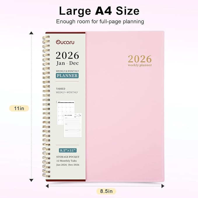 Oucaru 2026 Planner, Weekly and Monthly Planning Calendar, Jan 2026 - Dec 2026, 8.5" x 11", Spiral Bound, 12 Habit Trackers & Monthly Tabs, 2 Storage Pockets, Perfect for Office Home School Supplies