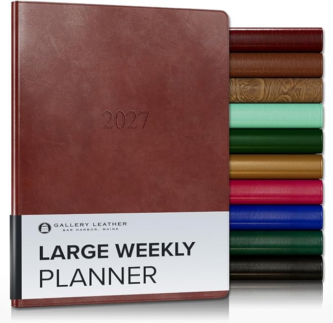 Gallery Leather Large Weekly Monthly Planner 2027, Elegantly Bound Calendar Planner and Notebook with Stylish Gold-Gilded Page Edges, 12 Months - Acadia Tan - 9.75x7.5"