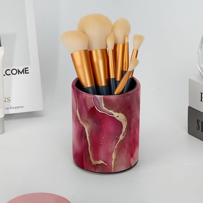 Pink Marble Pen Holder Pencil Organizer Cute Pencil Cup Desk Decor Makeup Brush Holder PU Multifunctional Office Supplies for Home Classroom School