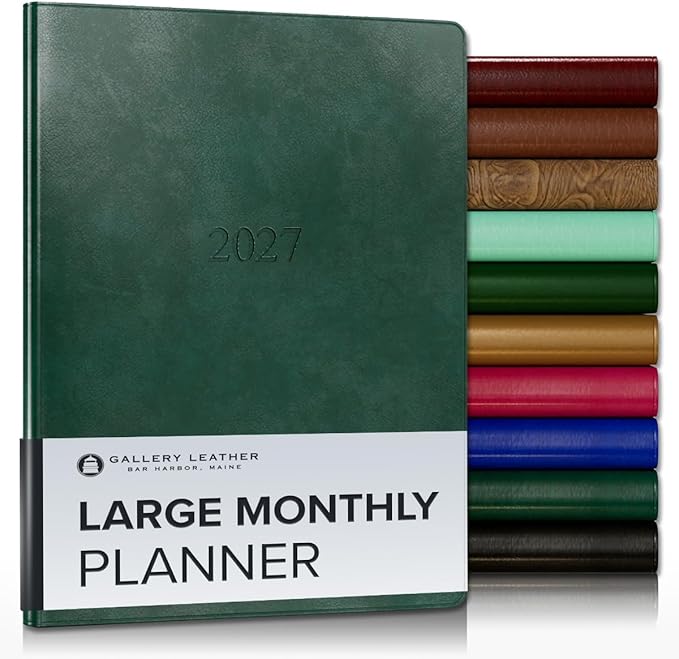 Gallery Leather Large Monthly Planner 2027, Elegantly Bound Calendar Planner and Notebook with Stylish Gold-Gilded Page Edges, 18 Months - Acadia Green - 9.75x7.5"