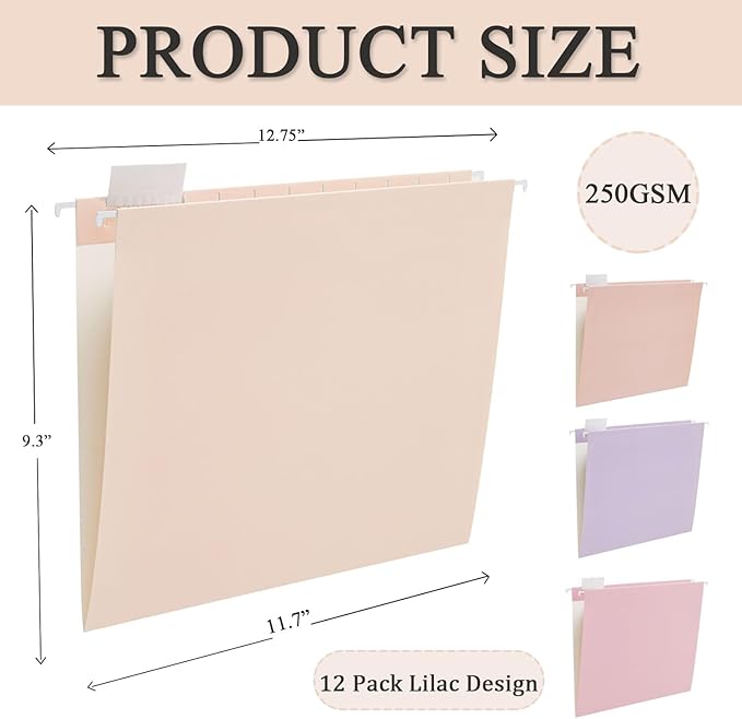 12 Pack Hanging File Folders Letter Size, Reinforced Folders with 1/5-Cut Adjustable Tabs for Filing Cabinet, Durable School & Office File Organizer, Pink Design