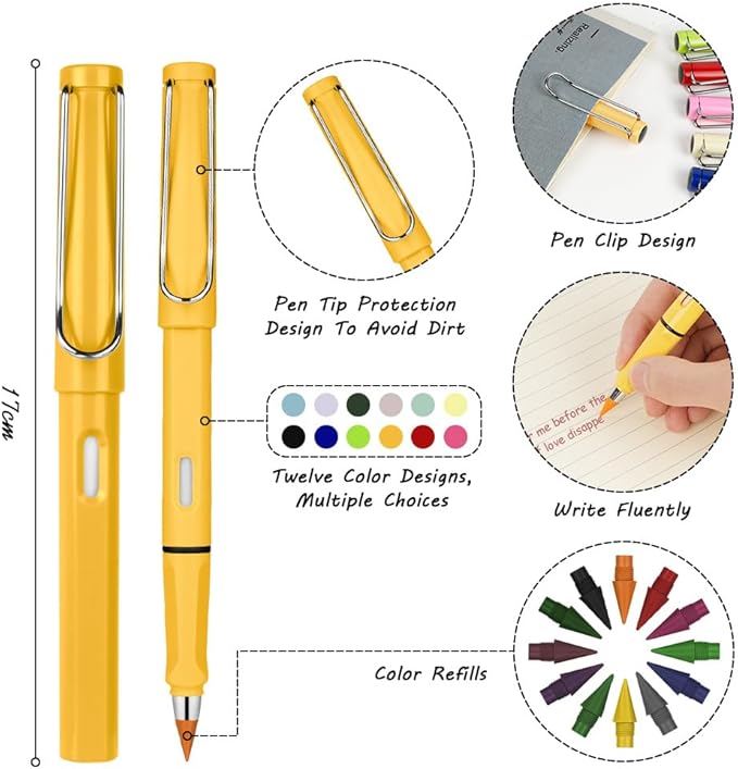 Ainiv Colored Inkless Pencil, 12 Sets No Sharpen Infinity Pencil Reusable Everlasting Pencils with Extra 12 Color Replaceable Nibs Forever Pencils for Writing Drawing Home Office Supplies