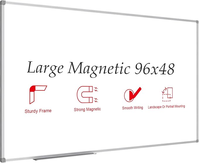 JILoffice Magnetic Dry Erase Board 96 x 48 inches, Large 4" x 8" Whiteboard for wall, Silver Aluminum Frame Wall Mounted Board for Office Home and School