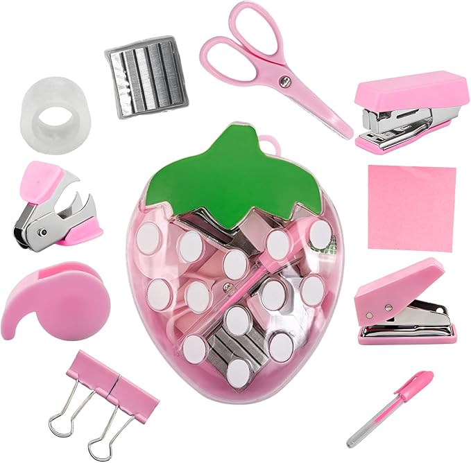 Mini Office Supply Kits Strawberry Mini Stapler Set, 11Pcs Portable School Supplies Kit with Mini Scissors, Tape Dispenser, Hole Puncher, Sticky Notes for Desk Organization, for Back to School