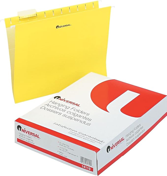 Universal Deluxe Bright Color Hanging File Folders, Letter Size, 1/5-Cut Tabs, Yellow, 25/Box