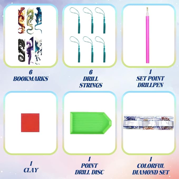 6Pcs Dragon 5D Diamond Art Bookmarks Multicolor Cartoon Animal Diamond DIY Painting Bookmarks Rhinestones Beaded Acrylic Tassel Bookmark for Adult Beginner Crafts