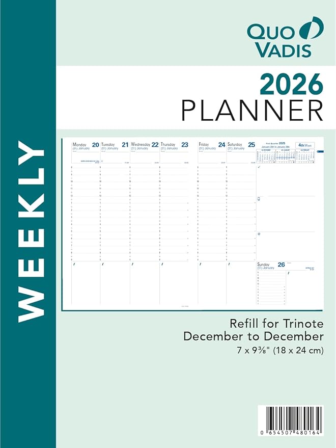 Quo Vadis 2026 Refill for Trinote - Weekly Planner - 13 Months, Dec. to Dec. - 7 x 9 3/8" - Productivity Appointment Planner