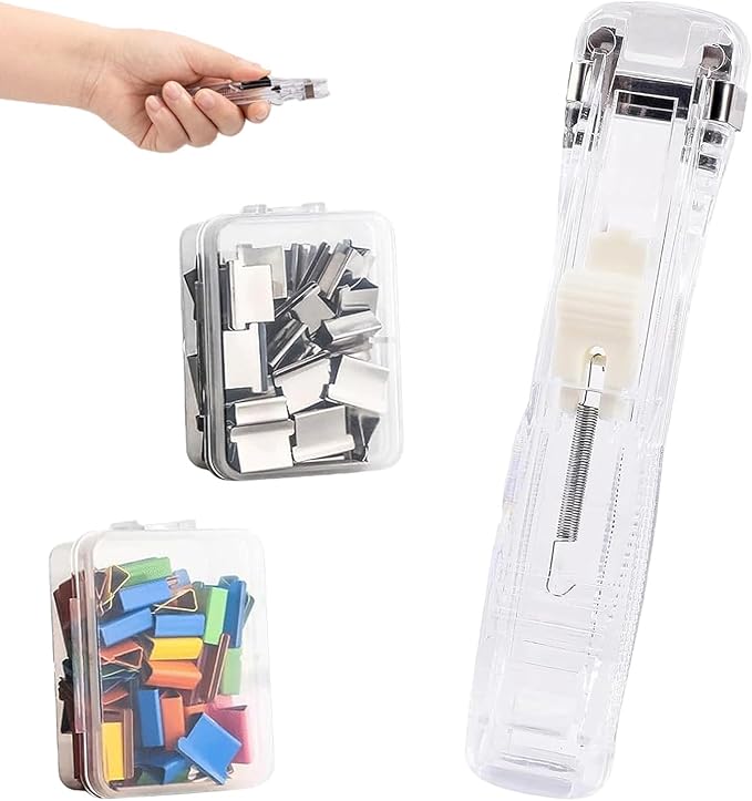 2026 New Portable Binder Clip Stapler, Includes 100 Reusable Clips, Handheld Paper No-Punch Folder, Mini Push Stapler Clamp Staplers for Home, School, and Office Document Binding (Transparent)