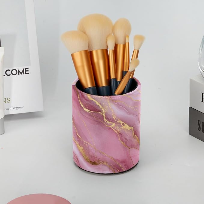 Pink Gold Marble Leather Pen Holder for Desk, Multifunctional Desktop Organizer Pencil Cup, Desktop Caddy Stationery Organizer for School Home Office Desk Accessories