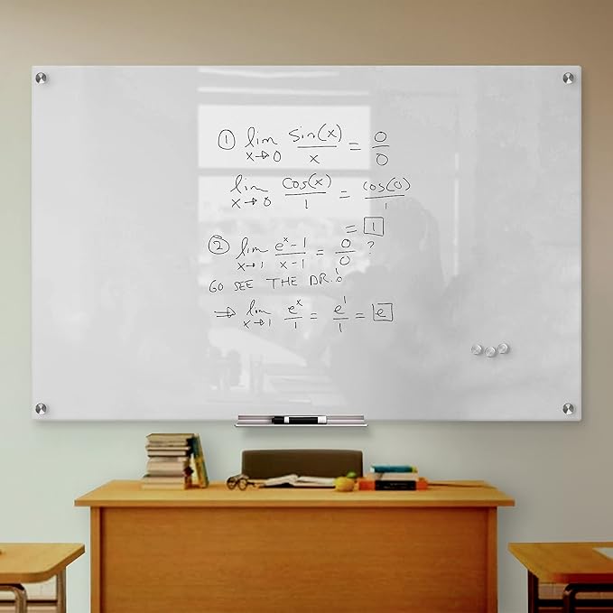 White Surface Dry Erase Glass Board, Frameless Magnetic Glass Board for Wall 48"x60" with Marker, Magnets, Marker Tray, Eraser for Office & Home by Fab Glass and Mirror