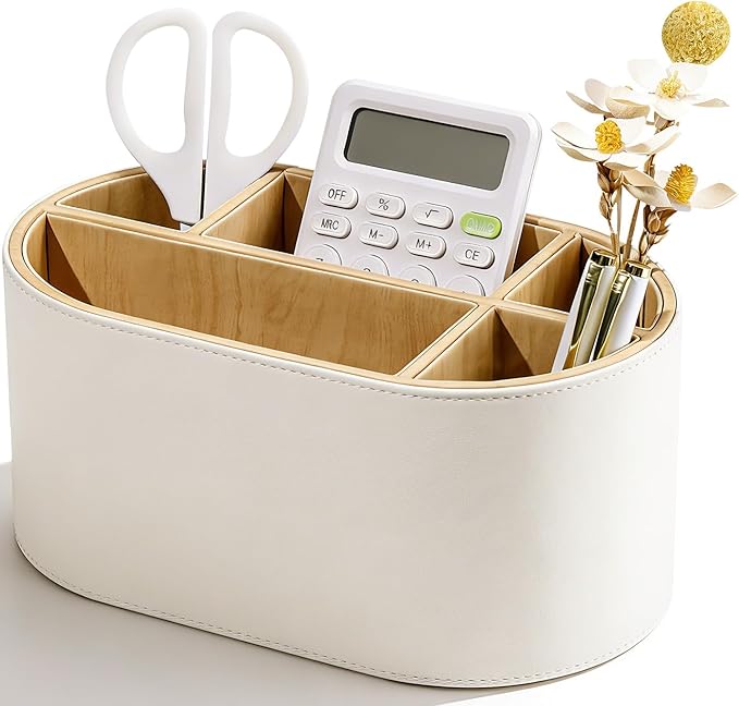 KINGFOM PU Leather Desk Organizer with Multi Compartments, Desktop Caddy Holder for Remote Controls, Pens, Makeup Brushes, Office Accessories (Beige)
