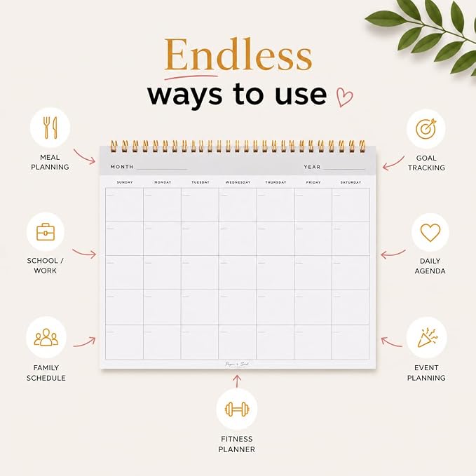 Paper 'n Such- Blank Calendar, Undated Monthly Planner, Simple Desk Agenda -DIY Custom Scrapbook for Photos -15 Sheets, Spiral Bound, Large 8.5x11", Customizable for Home, Office, or School