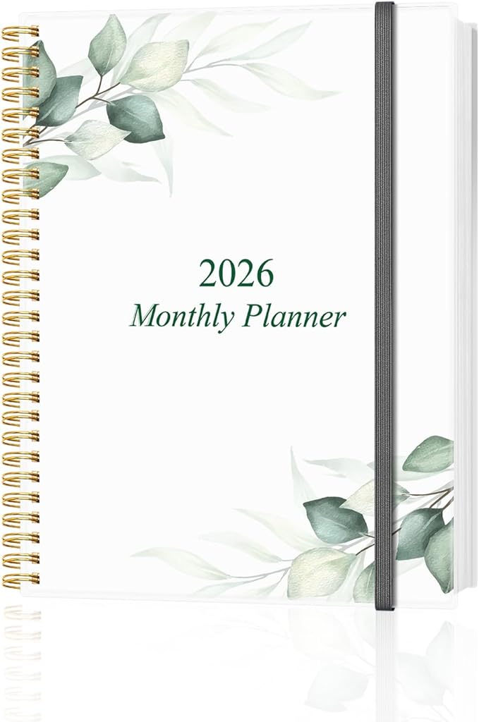 Monthly Planner 2026 - Monthly Calendar from January 2026 to December 2026, 2026 Planner with Inner Pocket, Elastic Band, 8.5" x 11", Green Leaf