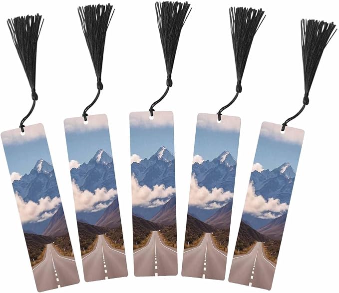 Mountain Road 5 Pcs Bookmarks Blue Sky Clouds Beautiful View Wooden Bookmarks with Tassel for Students Reader Teachers Book Lovers