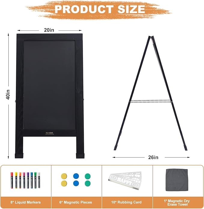 Wood Magnetic A-Frame Chalkboard Signs, 40" x 20" Large Sandwich Board Signs Outdoor, Double-Sided Sidewalk Blackboard for Business, Wedding, Vendor Display, Coffee Shope - Black