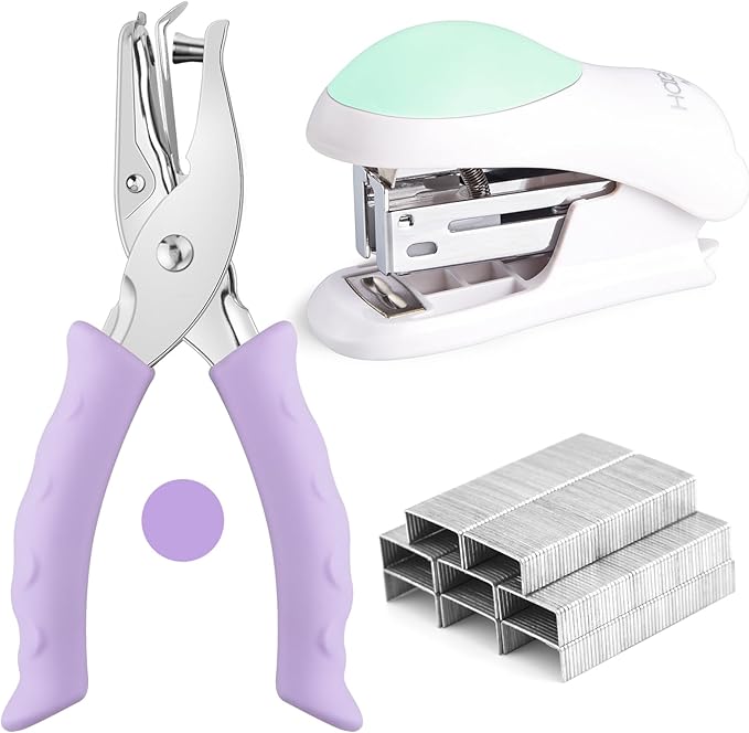 NEBURORA Green Mini Effortless Desktop Staplers with 400 Standard Staples Bundle Purple Single Hole Puncher Metal with Soft-Handled