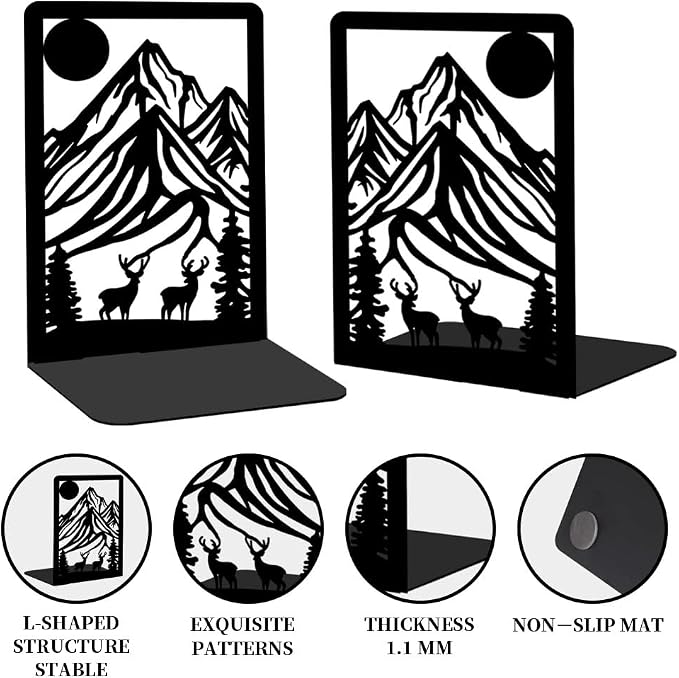 Metal Bookends for Shelves, Mountain and Deer Decorative Book Ends for Heavy Books, Book Stopper Decorative Books, Bookends to Hold Literature for Home Office School Bookshelf Decor