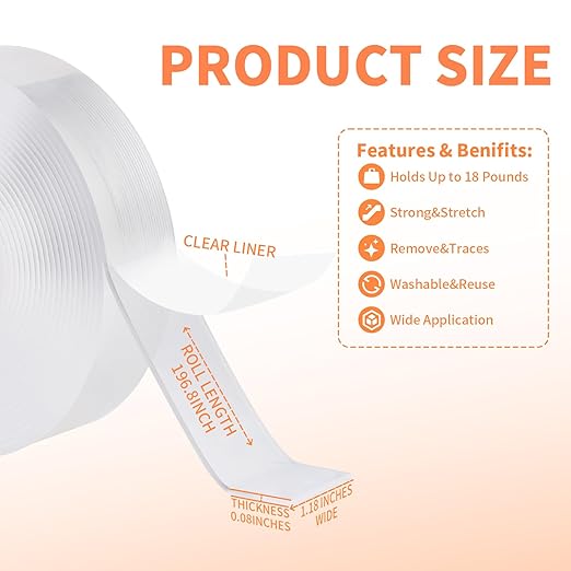 Oversized Double-Sided Tape Heavy Nano Tape, Heavy Double-Sided Wall Tape, Strong Wall Tape, Transparent Tape for pasting Carpet Posters and Photo Wall Decoration(16.4 Feet)