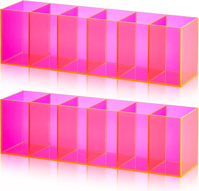 Juexica 2 Pack Acrylic Makeup Brush Holder 6 Compartments Pencil Organizer Cup Pencil Holder for Desk Pen Organizer Storage Box for Accessories Cosmetic Brushes Office Bathroom Kitchen Supply (Pink)