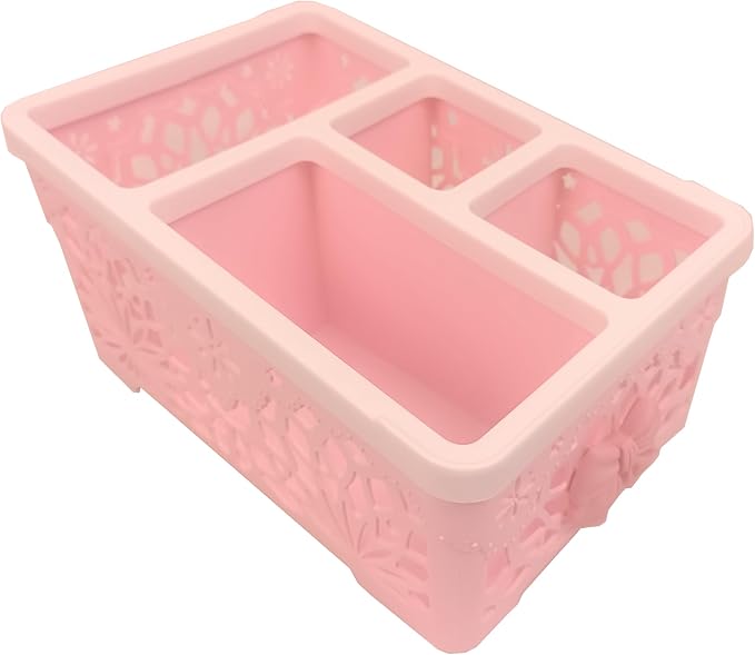Pink Bow 4 Compartment Plastic Storage Caddy, Hollow Lace Divided Vanity Organizer Bin, Cute Pastel Pink Desktop Basket for Cosmetics Stationery Small Accessories (Bowknot B)
