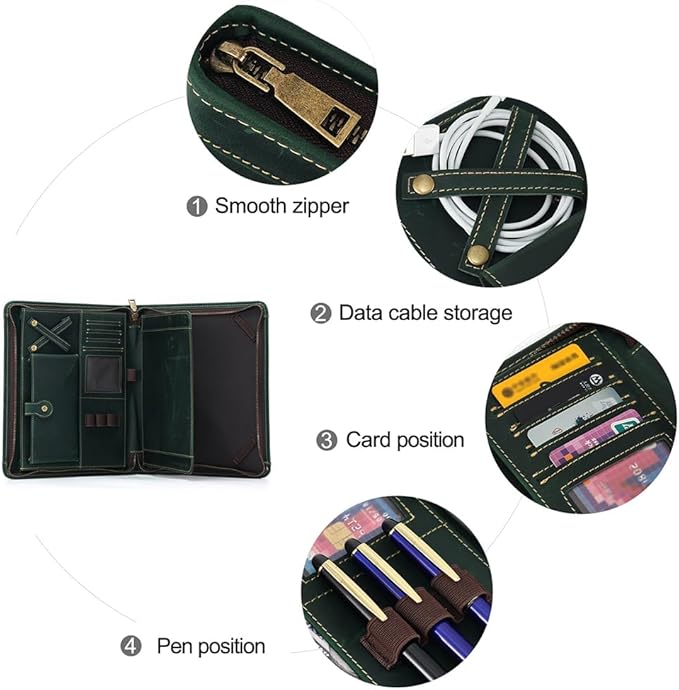 Leather Case for ipad Pro 11" Genuine Leather Smart Folio with Pencil Holder Zipper Pocket Multifunctional iPad case Compatible with iPad 11 /iPad 10.5/10.2 inch ipad/iPad 9.7 (Green)