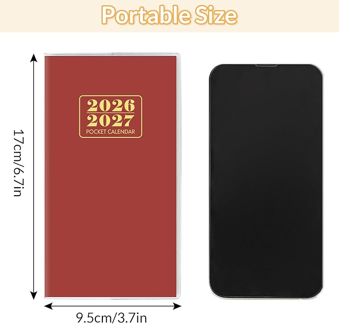 Pocket Calendar 2026-2027, Purse Monthly Planner, Runs from January 2026 Until December 2027, 3.7" x 6.7", Pocket Calendar with PVC Cover for Planning, Organizing and Office - Wine Red