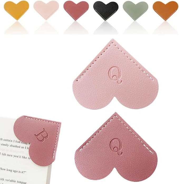 Personalized Leather Heart Bookmark, 26 Letters Customized Corner Book Mark for Reading Women, Book Marker with Initials，Cute Gifts (Light Pink+Deep Pink, Q)