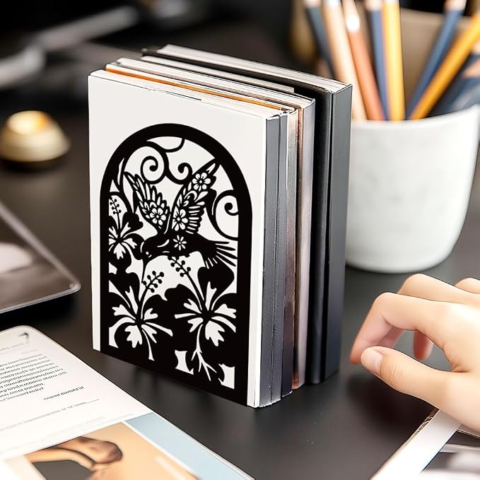 Hummingbird with Hibiscus Book Shelf Decorative Bookends for Shelves, Book Ends for Heavy Books, Metal Bookends for Desk Organizer, Office Library Decor Decorative Books for Home Decor