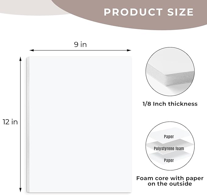 AUEAR, 12 Pack 9x12 White Foam Boards 1/8" Thickness Foam Core Boards for Presentation Board for School Crafts Office Art Projects Display, Mounting, Print