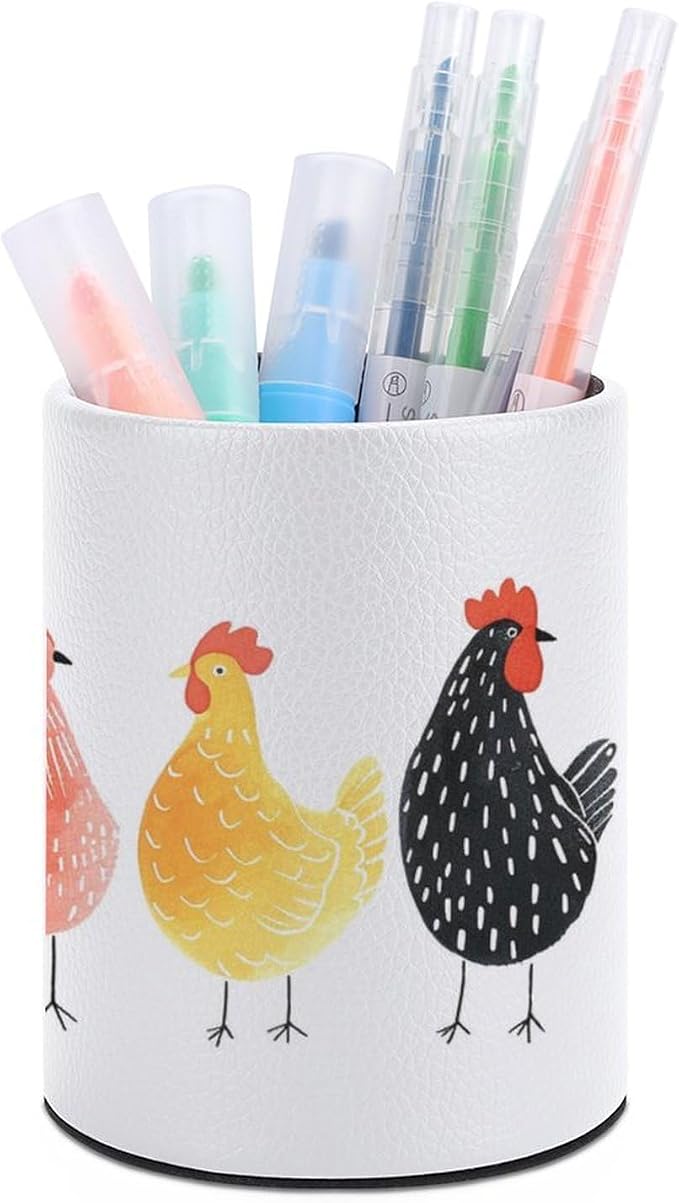 Row of Chickens Pencil Holder Round Pen Cup Hint of Bright Colour PU Leather Marker Holder Makeup Brush Holders Desk Accessories Workspace Organizers for Home School Office